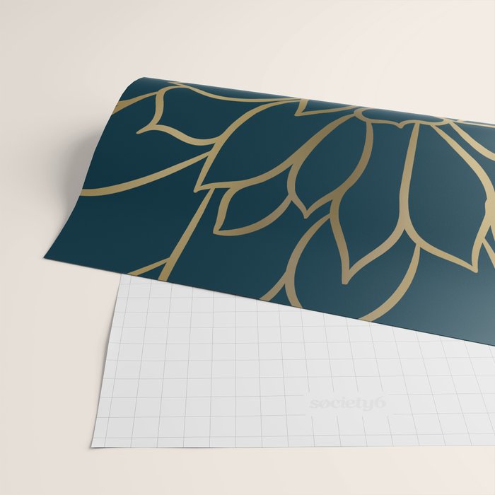 Festive, Floral Prints, Line Art, Dark Teal and Gold Wrapping Paper Gallery Image 2