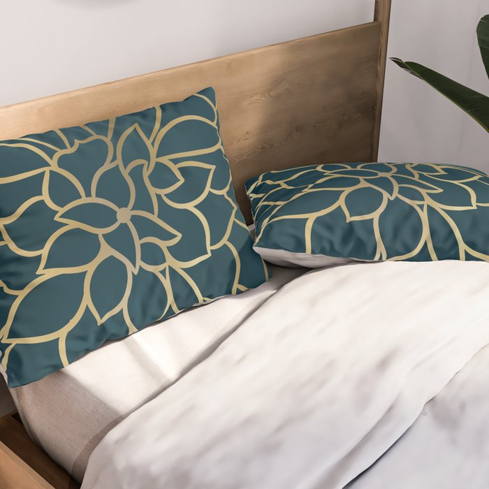 Festive, Floral Prints, Line Art, Dark Teal and Gold Pillow Sham Gallery Image 2