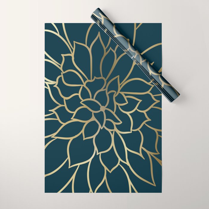 Festive, Floral Prints, Line Art, Dark Teal and Gold Wrapping Paper Gallery Image 1