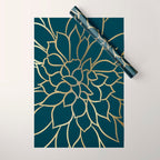 Festive, Floral Prints, Line Art, Dark Teal and Gold Wrapping Paper Gallery Image 1
