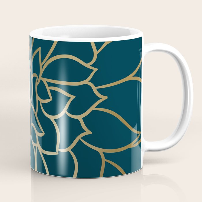 Festive, Floral Prints, Line Art, Dark Teal and Gold Coffee Mug Gallery Image 1