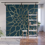 Festive, Floral Prints, Line Art, Dark Teal and Gold Wall Mural Gallery Image 1