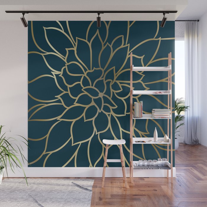 Festive, Floral Prints, Line Art, Dark Teal and Gold Wall Mural Gallery Image 1