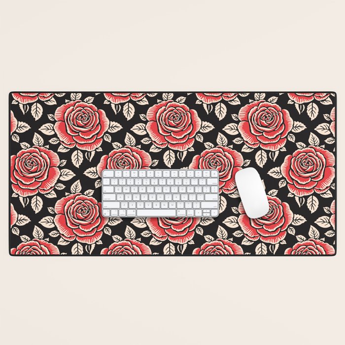 Traditional vintage red rose flower art pattern Desk Mat Gallery Image 1