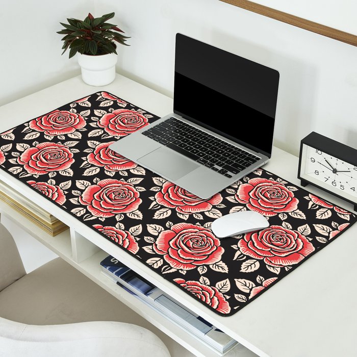 Traditional vintage red rose flower art pattern Desk Mat Gallery Image 2