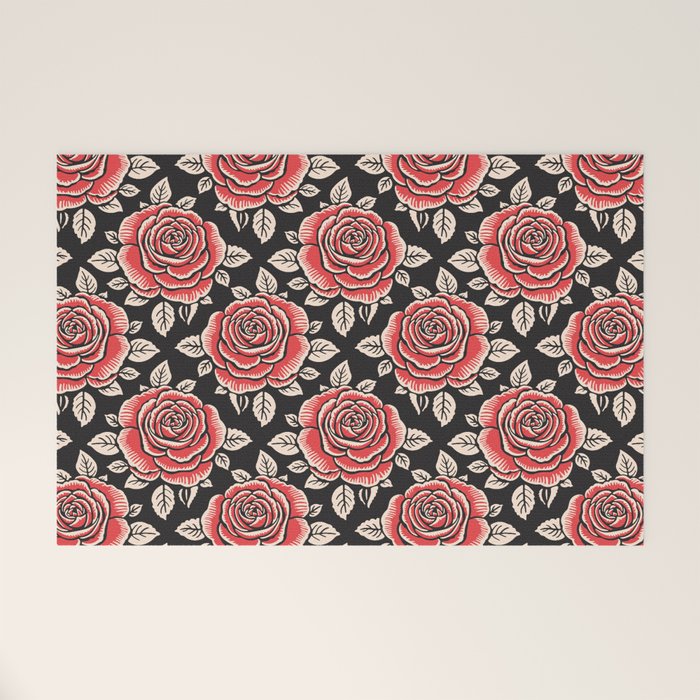 Traditional vintage red rose flower art pattern Welcome Mat Gallery Image 1
