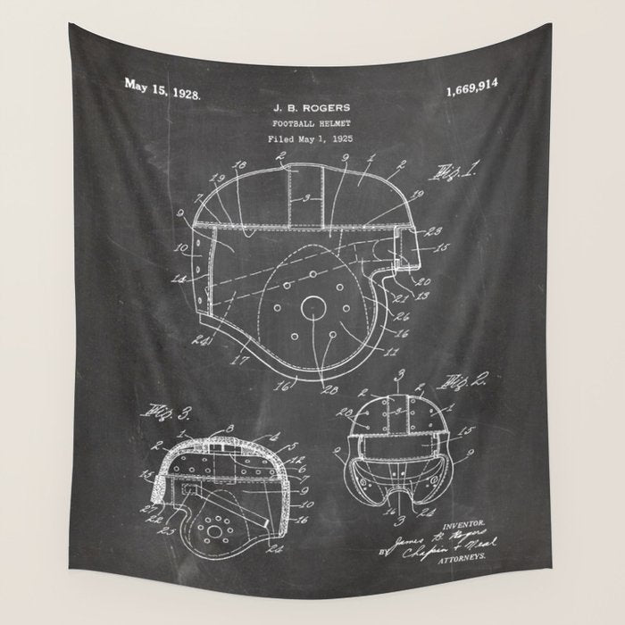 Football Helmet Patent - Football Art - Black Chalkboard Wall Tapestry Gallery Image 4