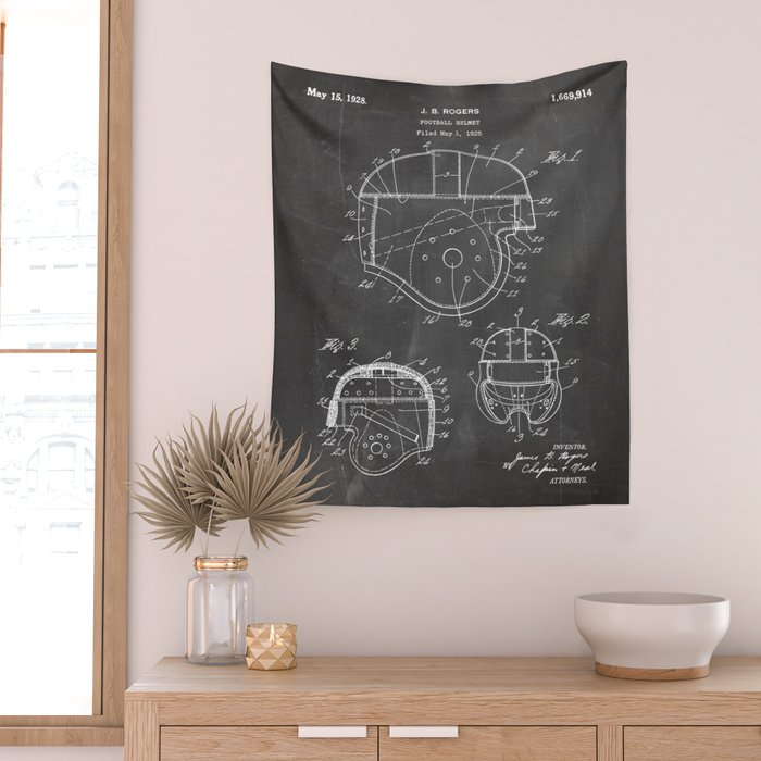 Football Helmet Patent - Football Art - Black Chalkboard Wall Tapestry Gallery Image 2