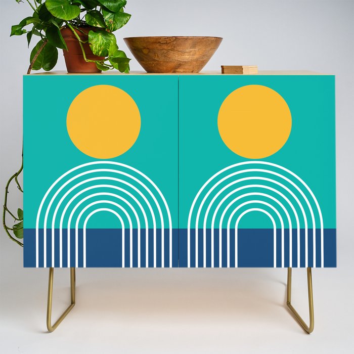 Geometric Lines in Blue Teal Yellow (Sun and Rainbow abstraction) Credenza Gallery Image 1