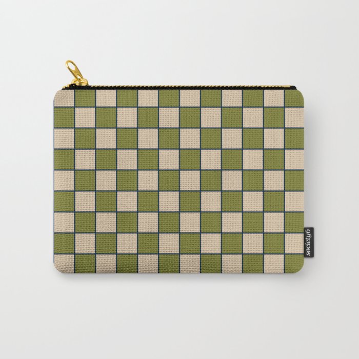 Retro Check Grid Pattern in Midcentury Modern Olive Green Navy Blue Beige Carry All Pouch Gallery Image 1