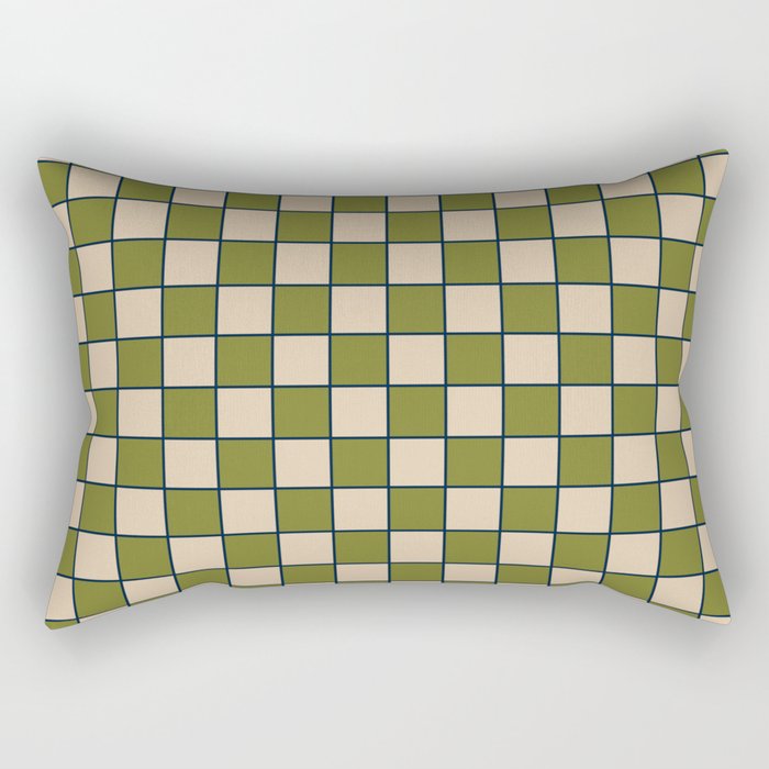 Retro Check Grid Pattern in Midcentury Modern Olive Green Navy Blue Beige Rectangular Pillow Gallery Image 1