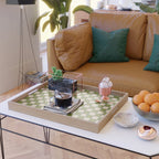 Retro Check Grid Pattern in Midcentury Modern Olive Green Navy Blue Beige Serving Tray Gallery Image 2