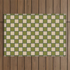 Retro Check Grid Pattern in Midcentury Modern Olive Green Navy Blue Beige Outdoor Rug Gallery Image 1
