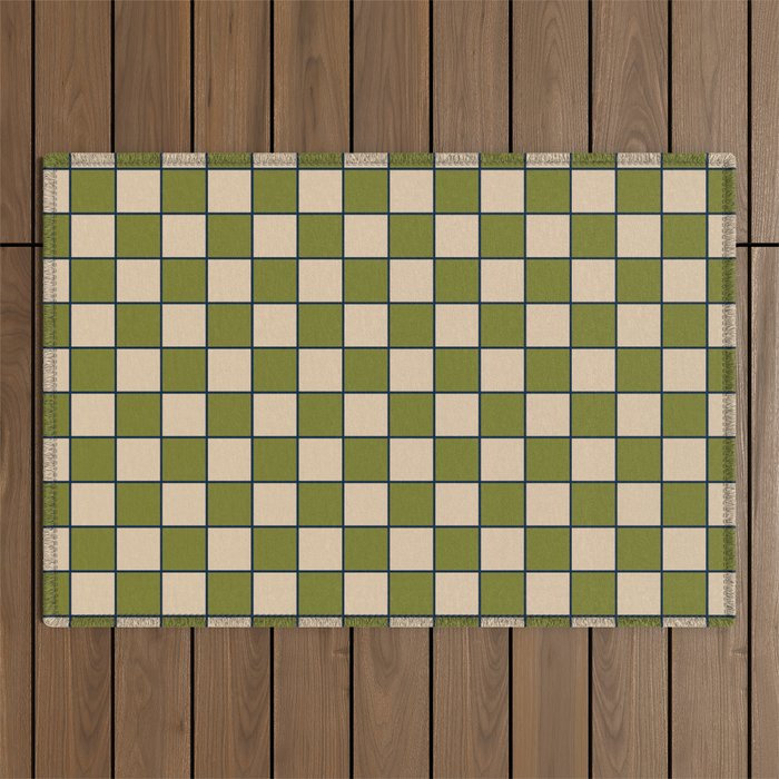 Retro Check Grid Pattern in Midcentury Modern Olive Green Navy Blue Beige Outdoor Rug Gallery Image 1