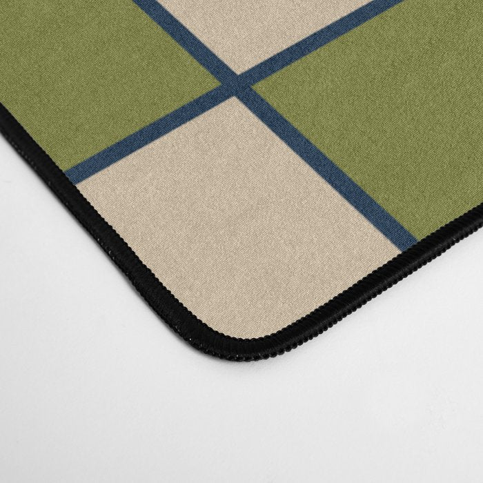 Retro Check Grid Pattern in Midcentury Modern Olive Green Navy Blue Beige Desk Mat Gallery Image 4