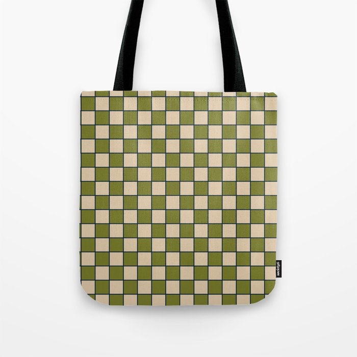 Retro Check Grid Pattern in Midcentury Modern Olive Green Navy Blue Beige Tote Bag Gallery Image 1
