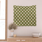 Retro Check Grid Pattern in Midcentury Modern Olive Green Navy Blue Beige Wall Tapestry Gallery Image 2