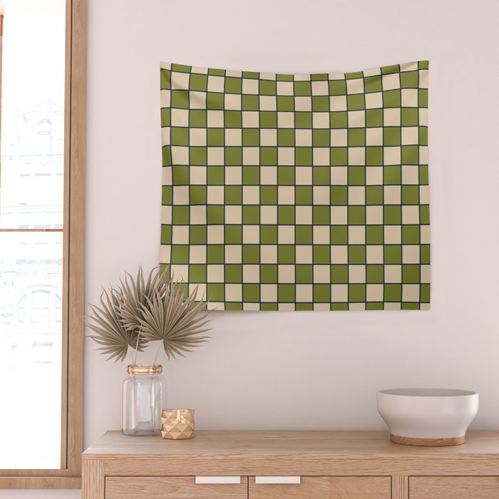 Retro Check Grid Pattern in Midcentury Modern Olive Green Navy Blue Beige Wall Tapestry Gallery Image 2