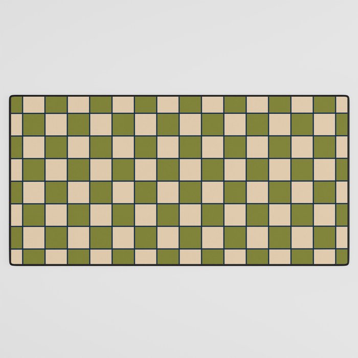 Retro Check Grid Pattern in Midcentury Modern Olive Green Navy Blue Beige Desk Mat Gallery Image 3
