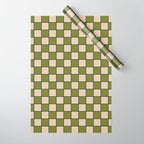 Retro Check Grid Pattern in Midcentury Modern Olive Green Navy Blue Beige Wrapping Paper Gallery Image 1