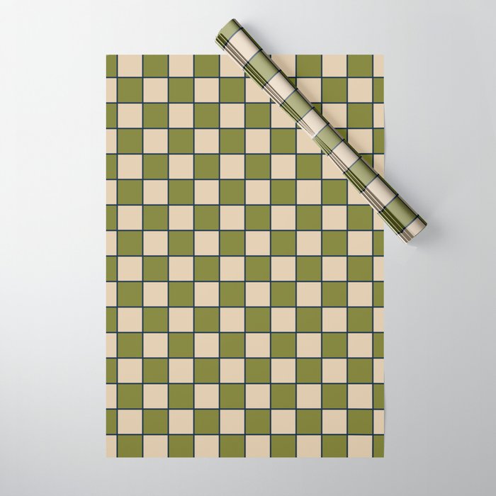 Retro Check Grid Pattern in Midcentury Modern Olive Green Navy Blue Beige Wrapping Paper Gallery Image 1