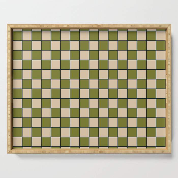 Retro Check Grid Pattern in Midcentury Modern Olive Green Navy Blue Beige Serving Tray Gallery Image 1