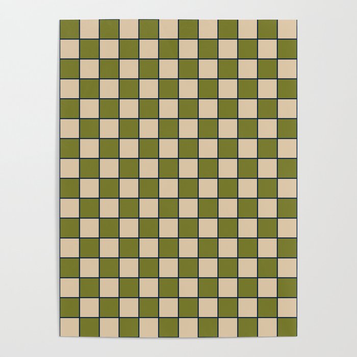 Retro Check Grid Pattern in Midcentury Modern Olive Green Navy Blue Beige Poster Gallery Image 4