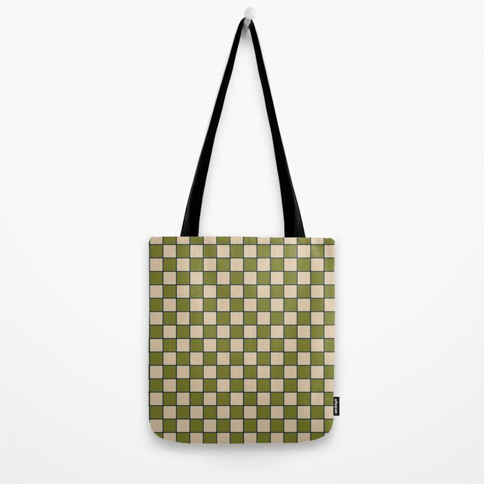 Retro Check Grid Pattern in Midcentury Modern Olive Green Navy Blue Beige Tote Bag Gallery Image 2