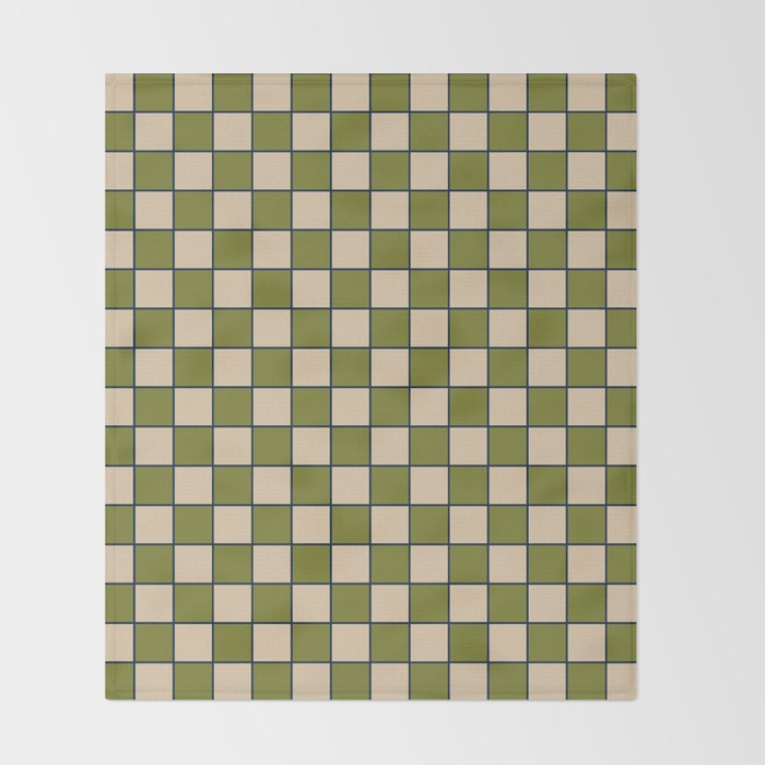 Retro Check Grid Pattern in Midcentury Modern Olive Green Navy Blue Beige Throw Blanket Gallery Image 2
