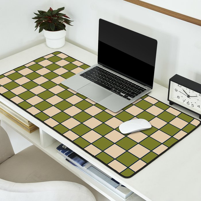 Retro Check Grid Pattern in Midcentury Modern Olive Green Navy Blue Beige Desk Mat Gallery Image 2