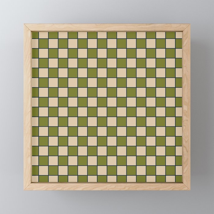 Retro Check Grid Pattern in Midcentury Modern Olive Green Navy Blue Beige Mini Art Print Gallery Image 1