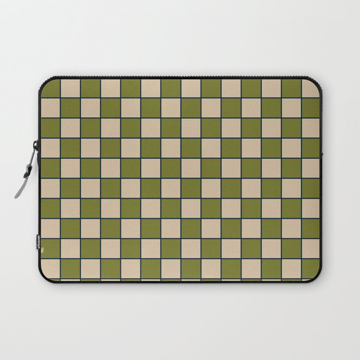 Retro Check Grid Pattern in Midcentury Modern Olive Green Navy Blue Beige Laptop Sleeve Gallery Image 1