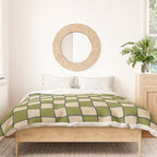 Retro Check Grid Pattern in Midcentury Modern Olive Green Navy Blue Beige Duvet Cover Gallery Image 3