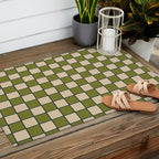 Retro Check Grid Pattern in Midcentury Modern Olive Green Navy Blue Beige Outdoor Rug Gallery Image 2