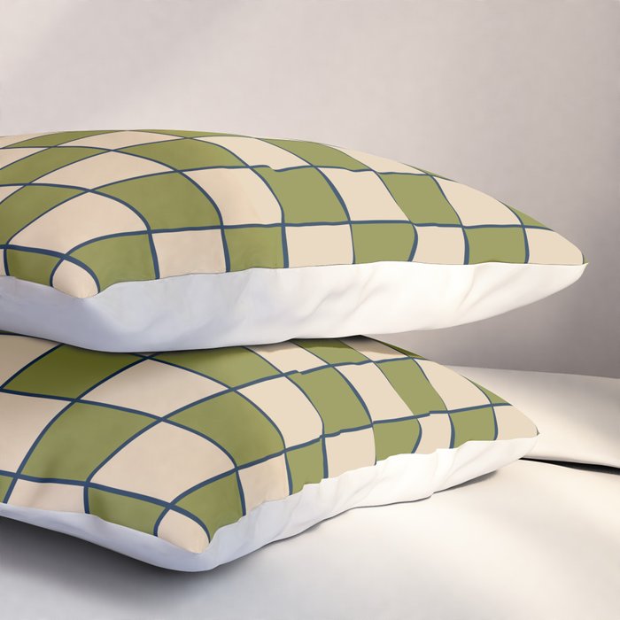 Retro Check Grid Pattern in Midcentury Modern Olive Green Navy Blue Beige Pillow Sham Gallery Image 3