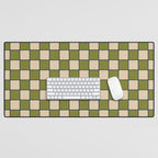 Retro Check Grid Pattern in Midcentury Modern Olive Green Navy Blue Beige Desk Mat Gallery Image 1