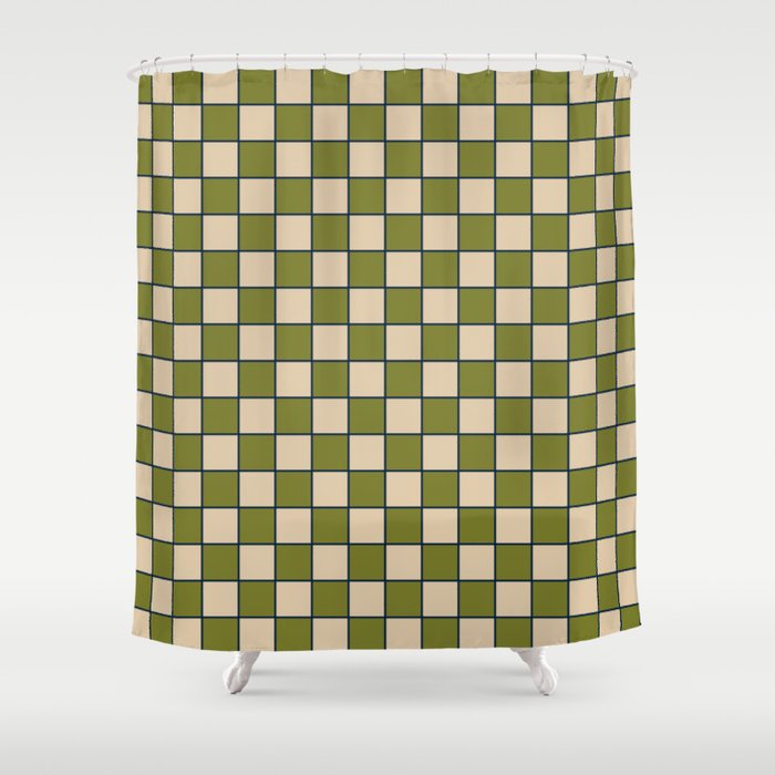 Retro Check Grid Pattern in Midcentury Modern Olive Green Navy Blue Beige Shower Curtain Gallery Image 1