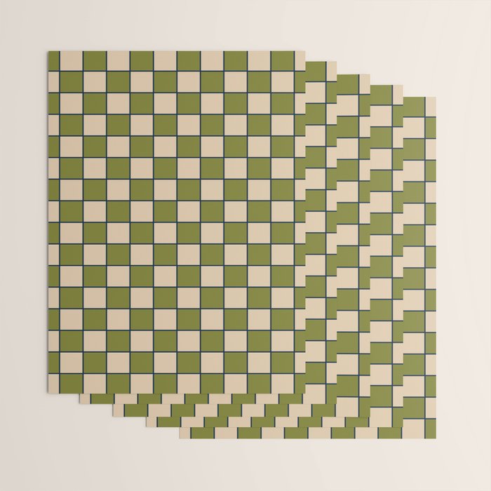 Retro Check Grid Pattern in Midcentury Modern Olive Green Navy Blue Beige Wrapping Paper Gallery Image 3