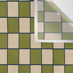 Retro Check Grid Pattern in Midcentury Modern Olive Green Navy Blue Beige Wall Tapestry Gallery Image 3