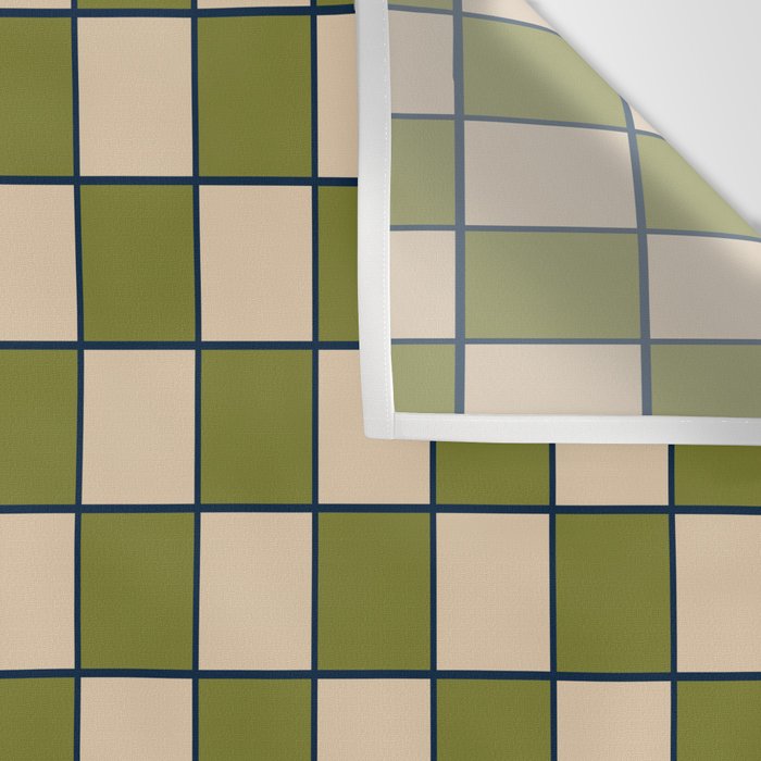 Retro Check Grid Pattern in Midcentury Modern Olive Green Navy Blue Beige Wall Tapestry Gallery Image 3