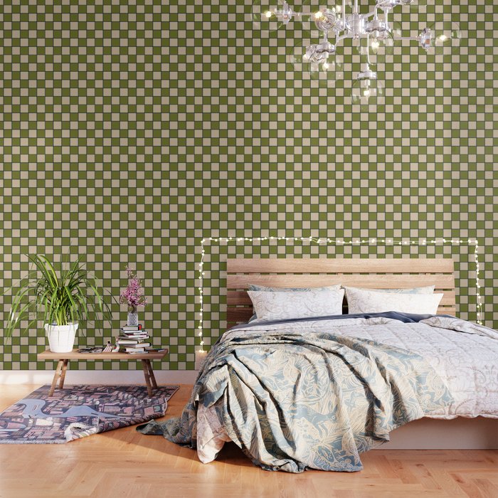 Retro Check Grid Pattern in Midcentury Modern Olive Green Navy Blue Beige Wallpaper Gallery Image 1