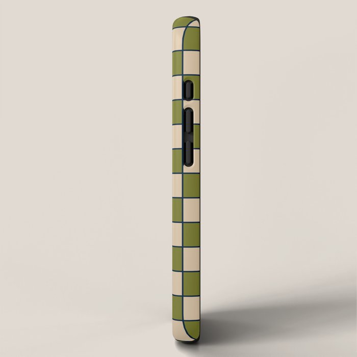 Retro Check Grid Pattern in Midcentury Modern Olive Green Navy Blue Beige iPhone Case Gallery Image 2