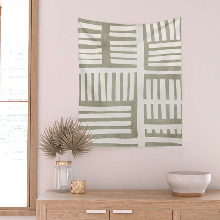 Neutral Green Modern Abstract Unique Art Wall Tapestry Gallery Image 2