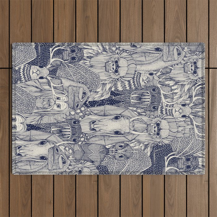 cryptid crowd blue off white Outdoor Rug Gallery Image 1