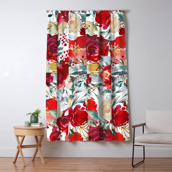 Red teal hand painted boho watercolor roses floral Window Curtain Gallery Image 5