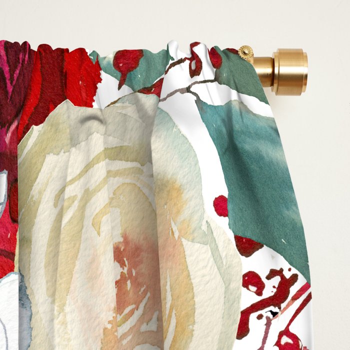 Red teal hand painted boho watercolor roses floral Window Curtain Gallery Image 2