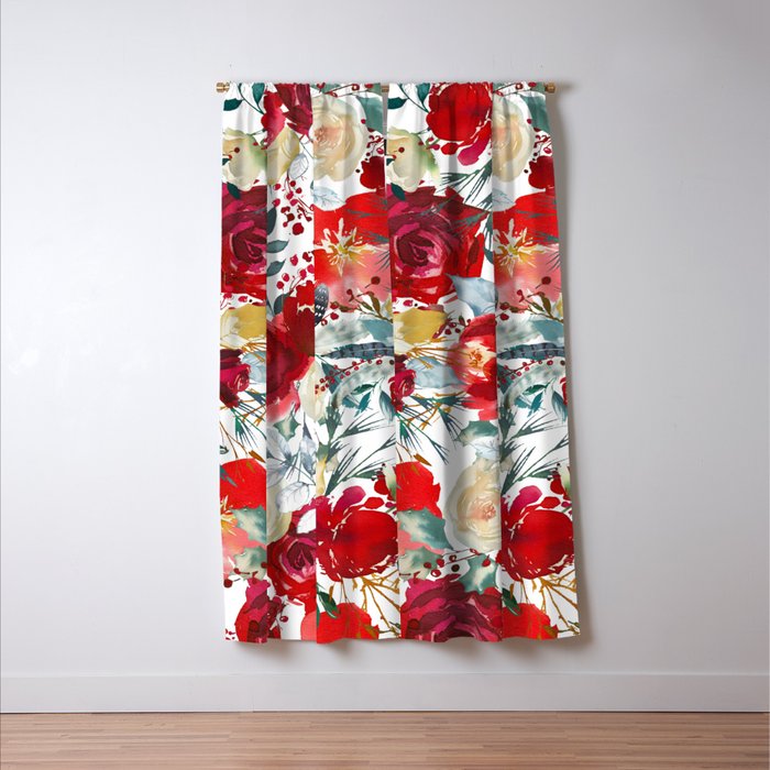 Red teal hand painted boho watercolor roses floral Window Curtain Gallery Image 3