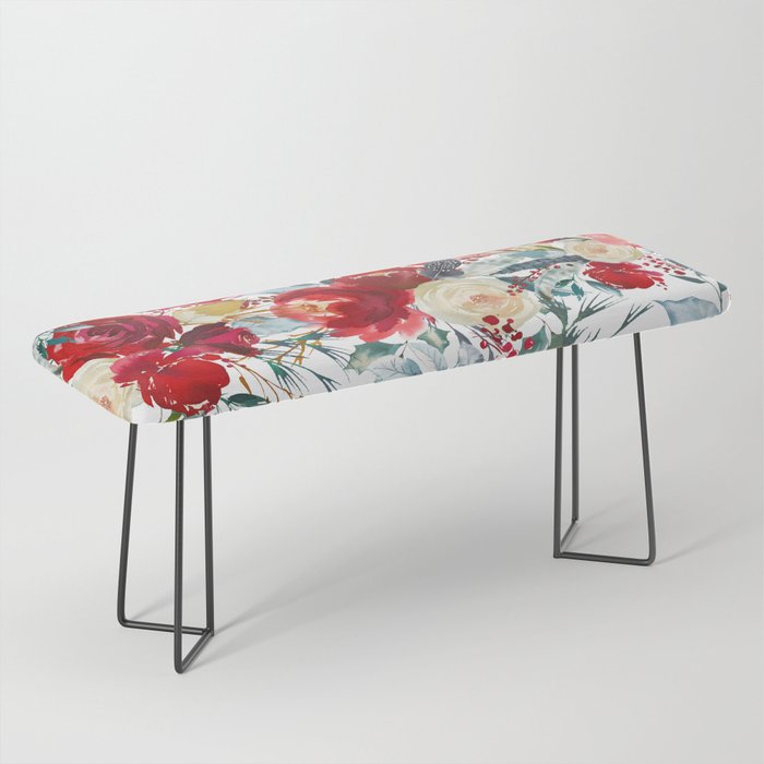 Red teal hand painted boho watercolor roses floral Bench Gallery Image 1