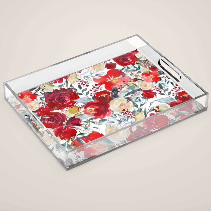 Red teal hand painted boho watercolor roses floral Acrylic Tray Gallery Image 1