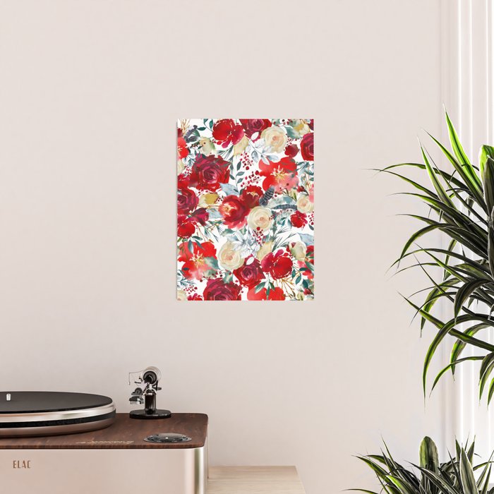 Red teal hand painted boho watercolor roses floral Poster Gallery Image 2